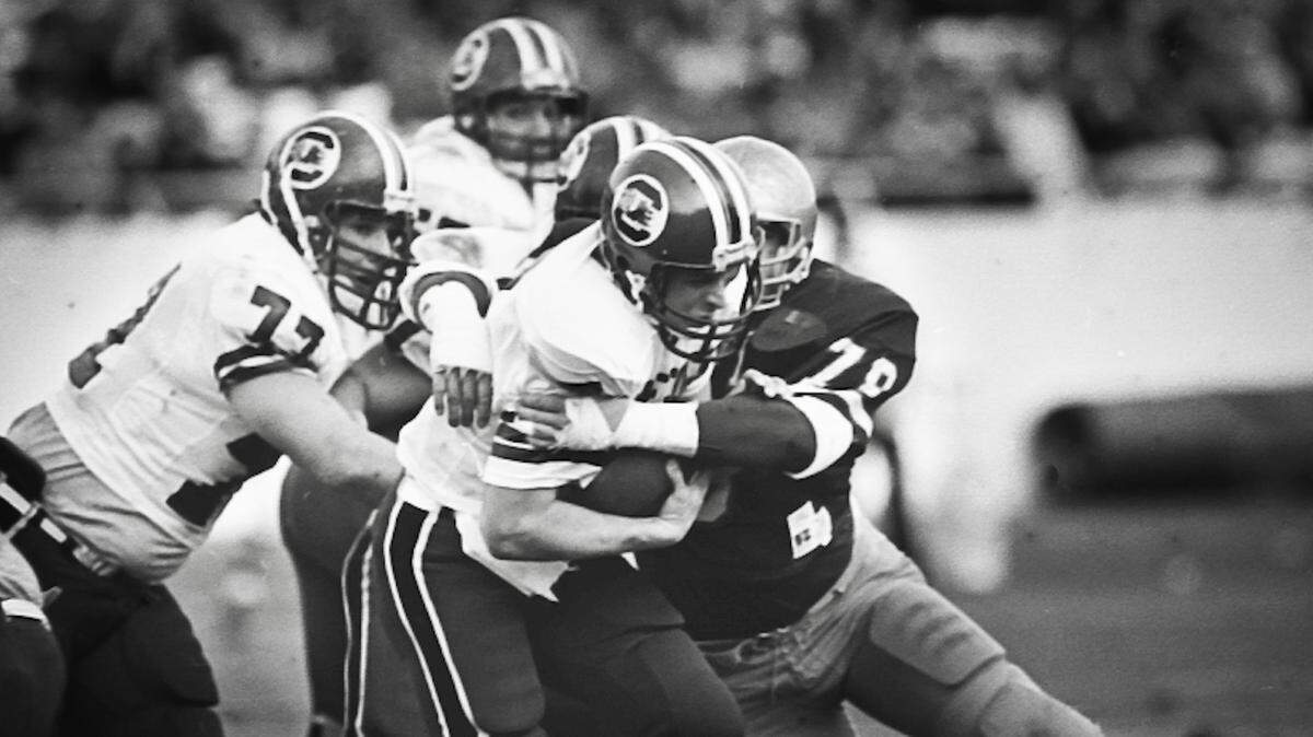 1984 South Carolina Gamecock quarterback Mike Hold is sacked by the Navy defense during their lost to Navy to end their undefeated season. They were ranked number 2 at the time. November 17, 1984