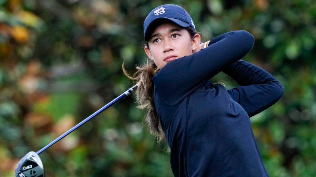 Eila Galitsky hits her tee shot on the ninth hole during the final round of the Augusta National Women’s Amateur golf tournament at Augusta National Golf Club.
