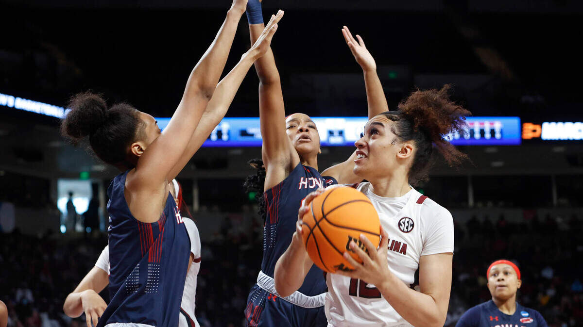 South Carolina’s Brea Beal (12) eyes the basket as Howard’s during the first round of the NCAA Regional tournament on Friday, March 18, 2022 at the Colonial Life Arena.