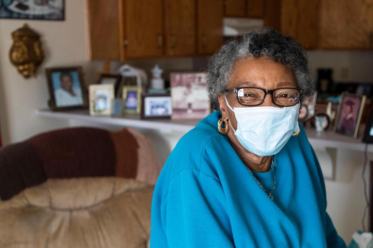 Louise Mayes at her apartment at AHEPA Senior Apartments on Wednesday, February 10, 2021. Mayes says receiving the vaccination make her feel safe enough to receive medical care at home.
