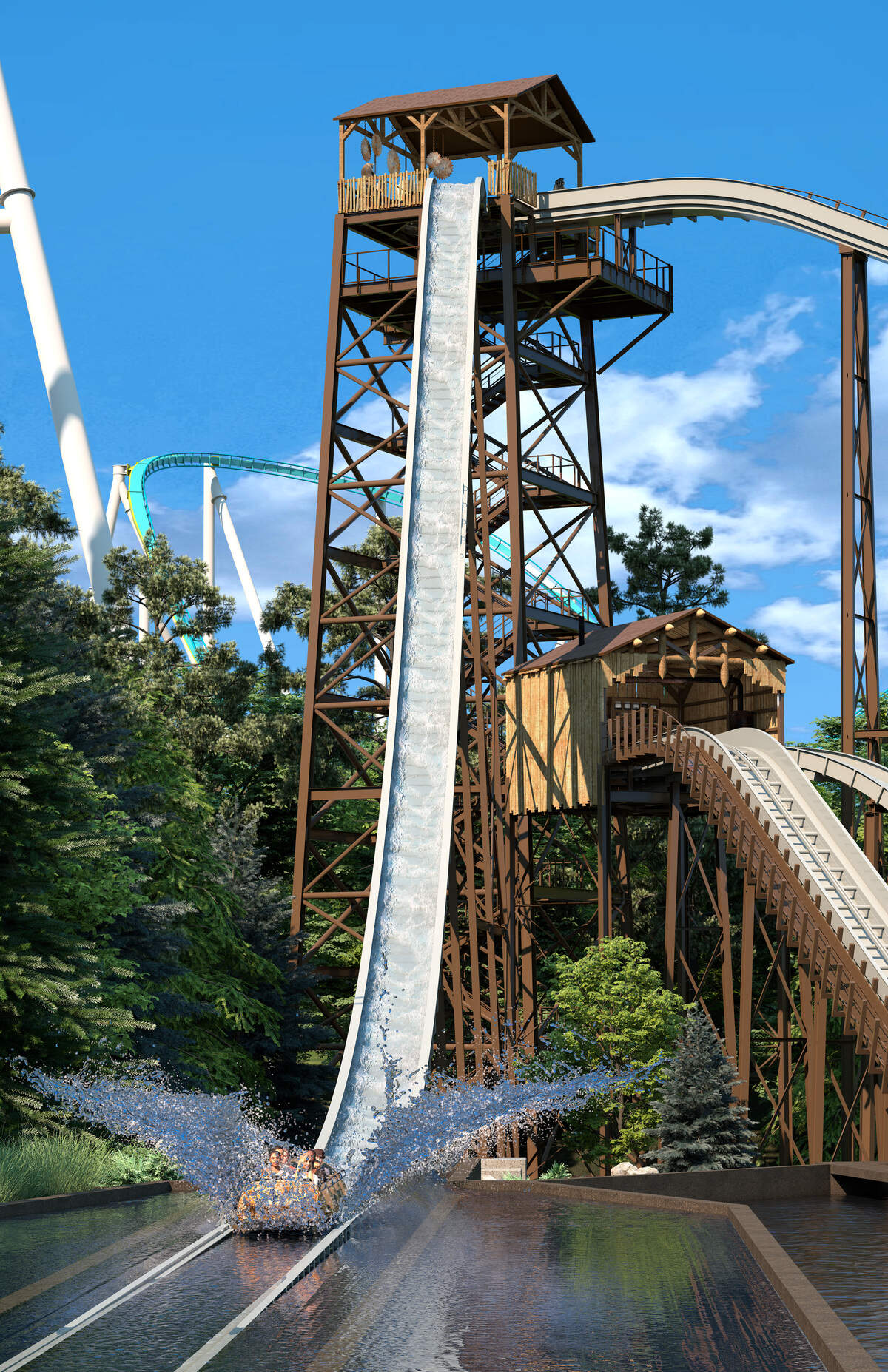 A mock-up image of the Super Flume’s 100-foot splashdown that is aiming to break records for the tallest flume drop in the world.