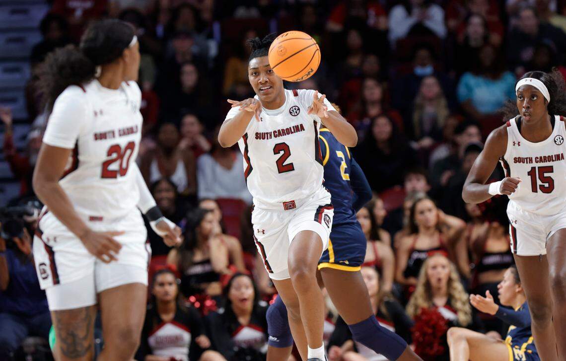 South Carolina’s Ashlyn Watkins (2) moves the ball during the second half of action against East Tennessee State in the Colonial Life Arena on Monday, Nov. 07, 2022.