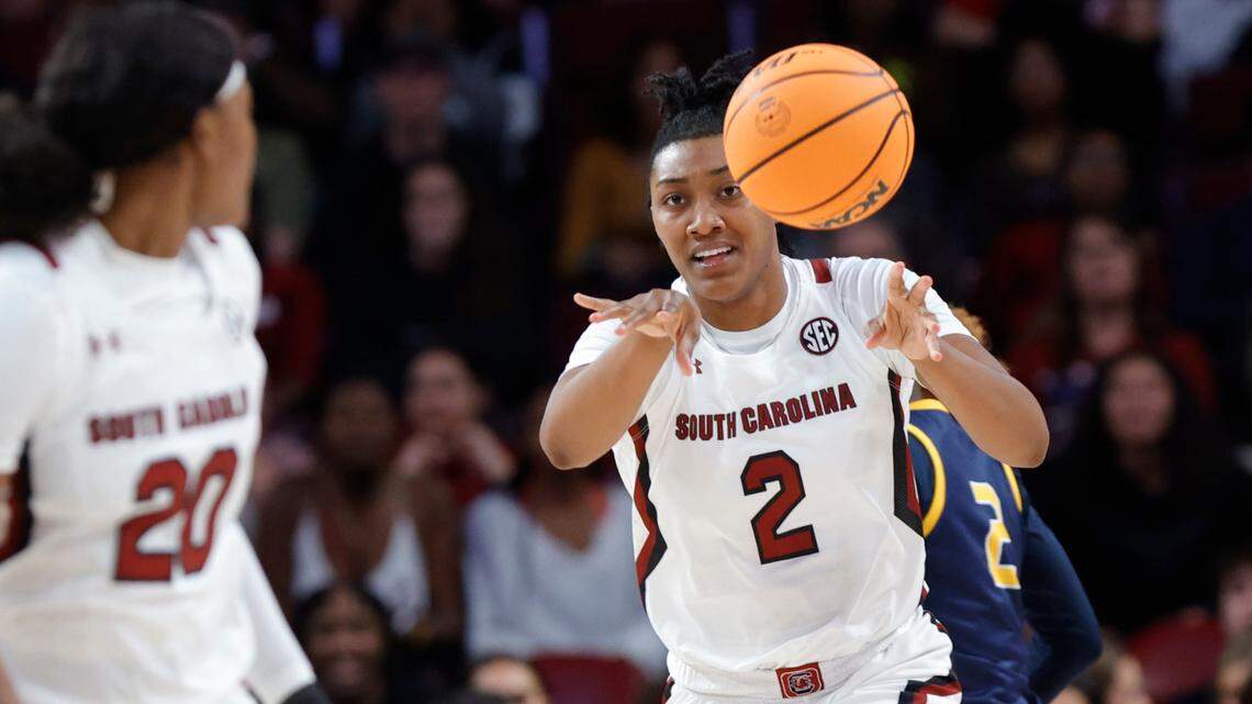 South Carolina’s Ashlyn Watkins (2) moves the ball during the second half of action against East Tennessee State in the Colonial Life Arena on Monday, Nov. 07, 2022.