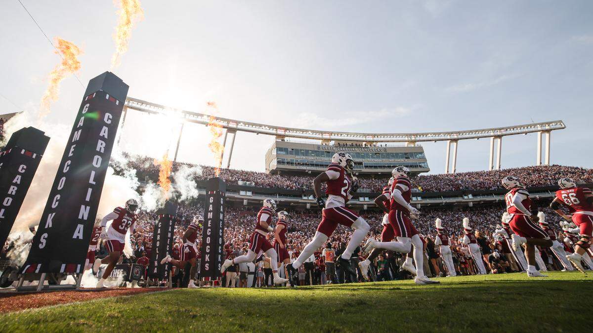 South Carolina players take the field before the Gamecocks’ game against Alabama at Williams-Brice Stadium in Columbia on Saturday, October 25, 2025.