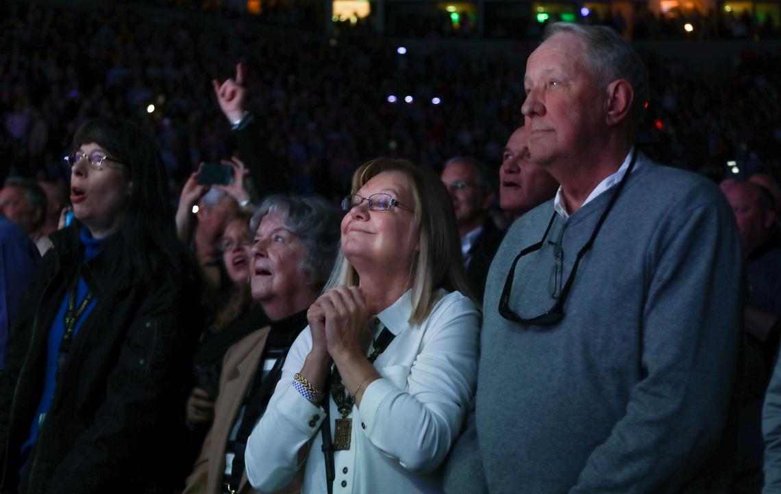 Fans enjoy Elton John as he performs “Rocket Man” during his Farewell Yellow Brick Road tour to a packed house at the Colonial Life Arena. 3/13/19