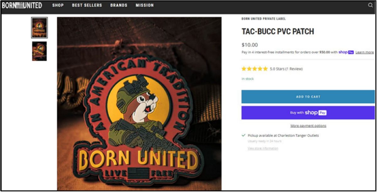 The “TAC-BUCC” patch is one of several items being sold by South Carolina retailer Born United that the Texas-based gas station chain alleges violates their trademark.