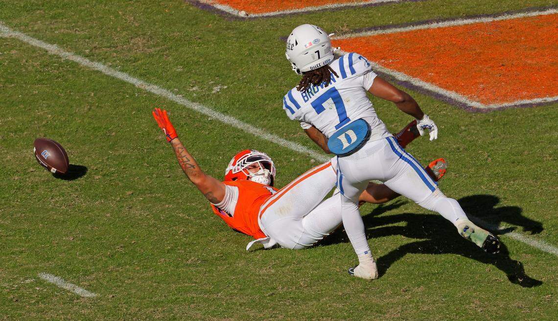 Clemson cornerback Avieon Terrell (8) was called for pass interference against Duke wide receiver Que'Sean Brown (7) during a critical 4th and 10 play in the final minute of Clemson’s 46-45 loss to Duke on Nov. 1. The penalty extended Duke’s drive, which ultimately resulted in a game-winning touchdown and two-point conversion.