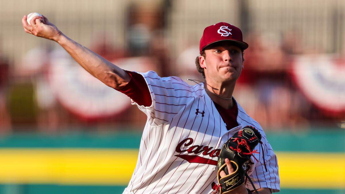 South Carolina Gamecocks pitcher James Hicks (34) pitches during their 2023 NCAA Columbia Regional game against the Central Conn. St. Blue Devils at Founders Park in Columbia, SC, Friday, June 2, 2023.