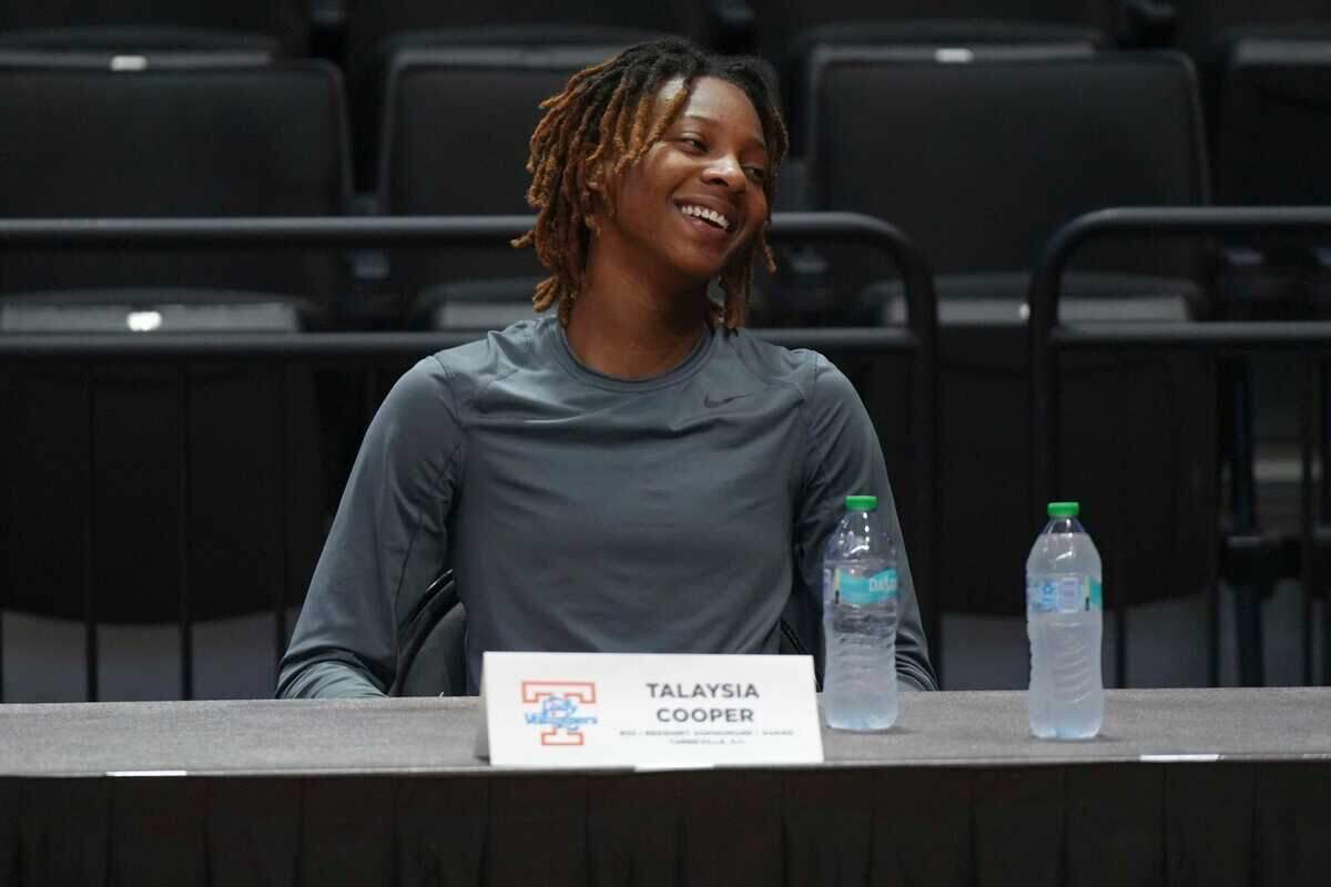 Tennessee guard Talaysia Cooper (55) laughs during the Lady Vols’ media day at Thompson-Boling Arena at Food City Center on the University of Tennessee campus in Knoxville on Wednesday, Oct. 23, 2023.