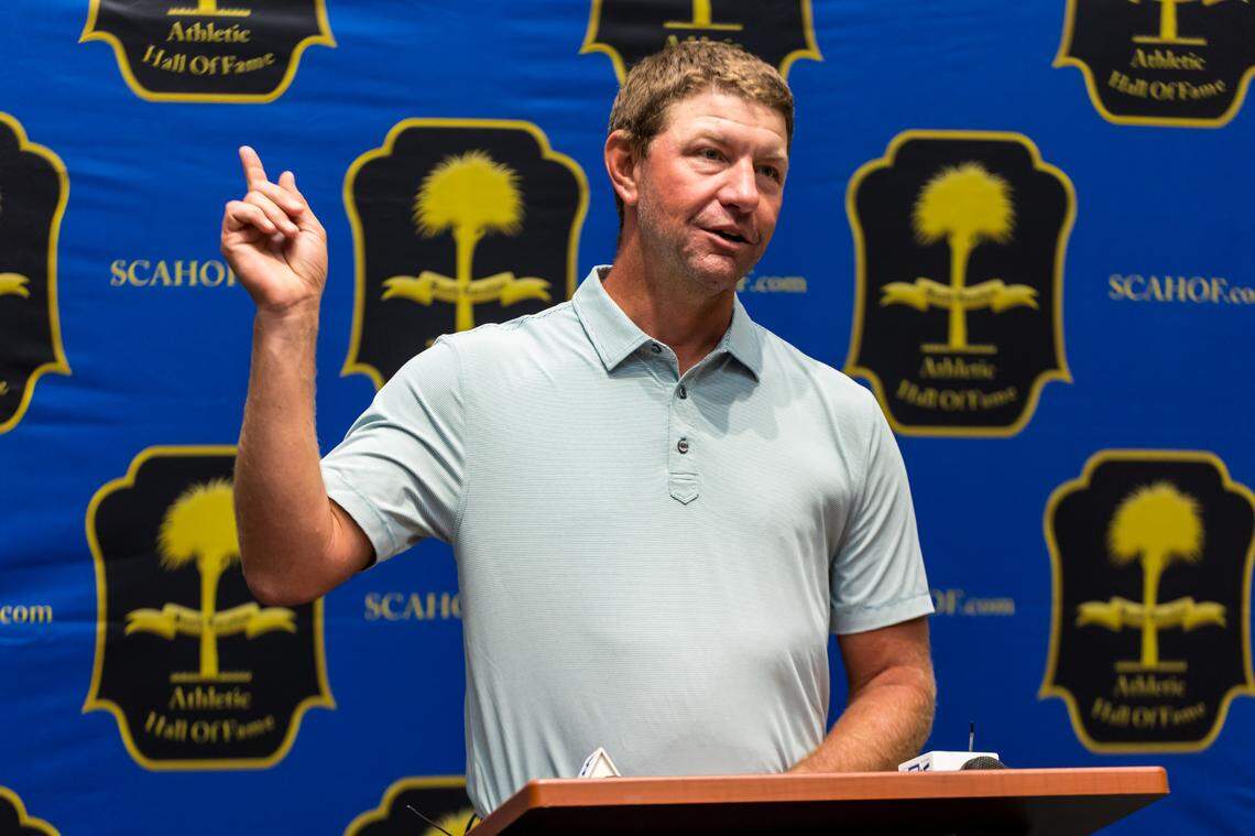 Golfer Lucas Glover speaks during the 2024 SC Athletic Hall Of Fame luncheon at the Columbia Metropolitan Convention Center in Columbia, SC, May 20, 2024.