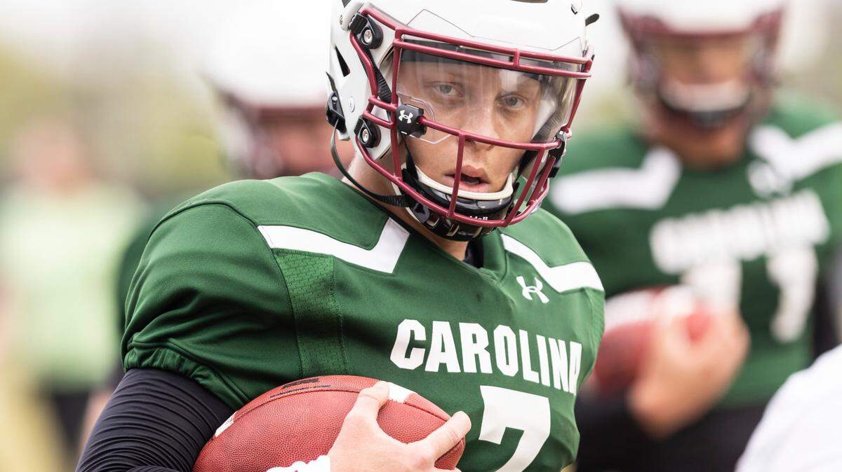 South Carolina quarterback Spencer Rattler (7) runs drills during the Gamecocks’ practice in Columbia on Thursday, March 23, 2023.