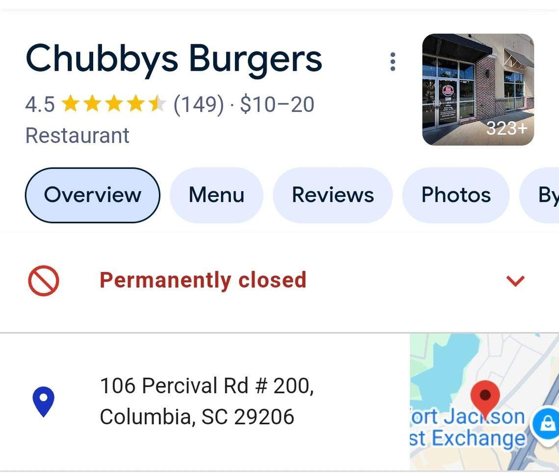 A Google listing for Chubby’s Burgers at 106 Percival Road lists it as permanently closed.