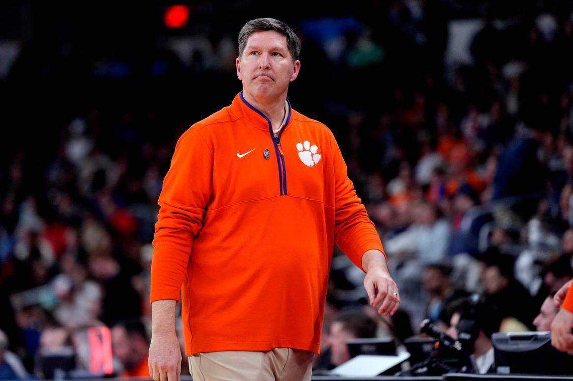 Mar 20, 2025; Providence, RI, USA; Clemson Tigers head coach Brad Brownell looks during the second half against the McNeese State Cowboys at Amica Mutual Pavilion.