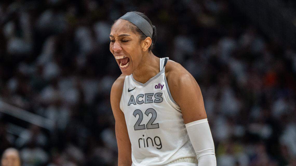 Sep 16, 2025; Seattle, Washington, USA; Las Vegas Aces center A'ja Wilson (22) reacts to a foul during the second half in game two of round one for the 2025 WNBA Playoffs against the Seattle Storm at Climate Pledge Arena.