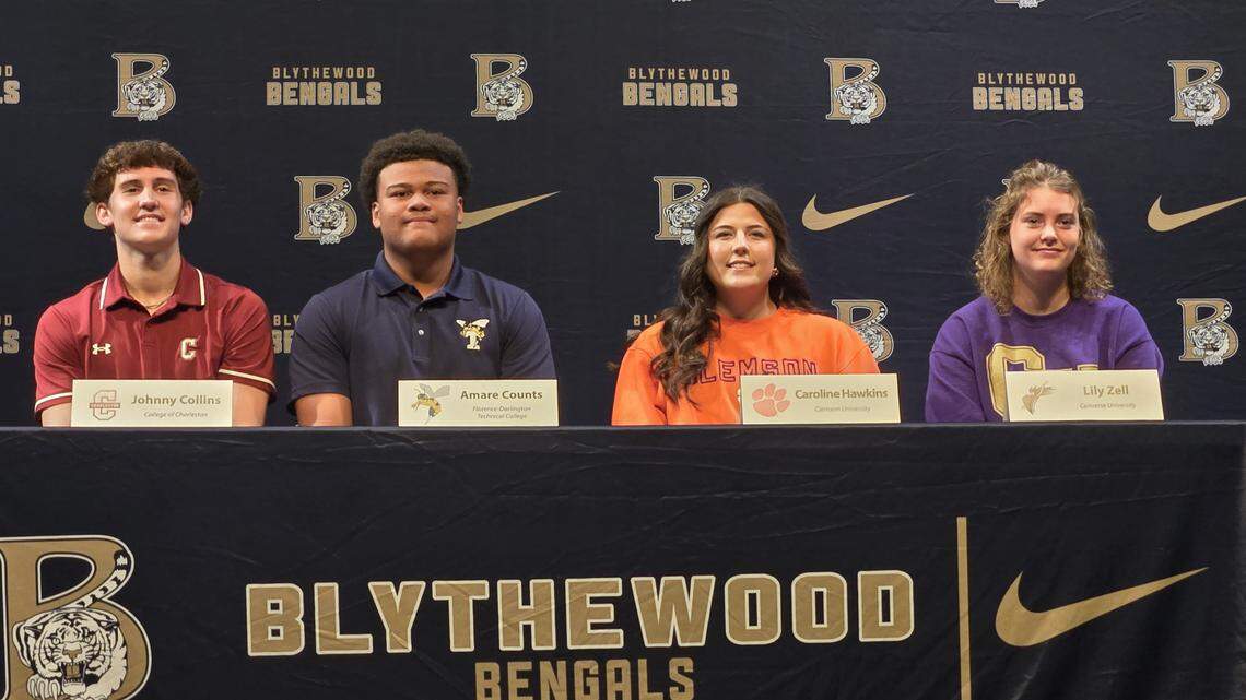 Blythewood’s Amare Counts, Johnny Collins, Caroline Hawkins and Lily Zell sign with colleges on the first day of the fall signing period on Nov. 13, 2025.