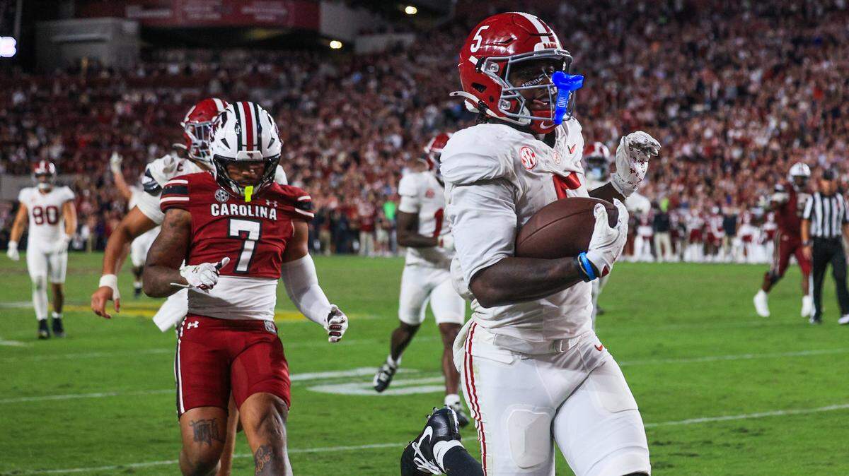 Alabama’s Germie Bernard (5) scores against South Carolina at Williams-Brice Stadium on Saturday, October 25, 2025.