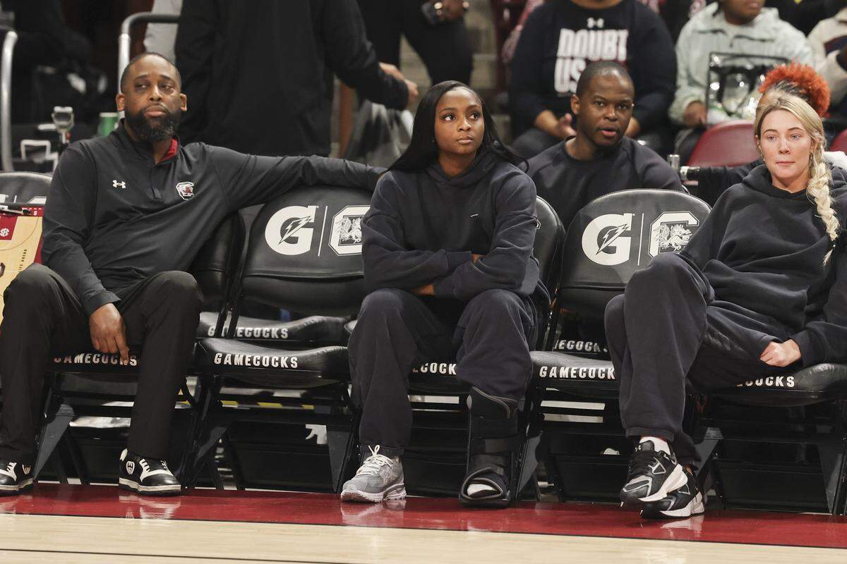 South Carolina's Ta'Niya Latson sits on the sideline during the first half of action against Alabama at Colonial Life Arena on Thursday, Jan. 1, 2026.