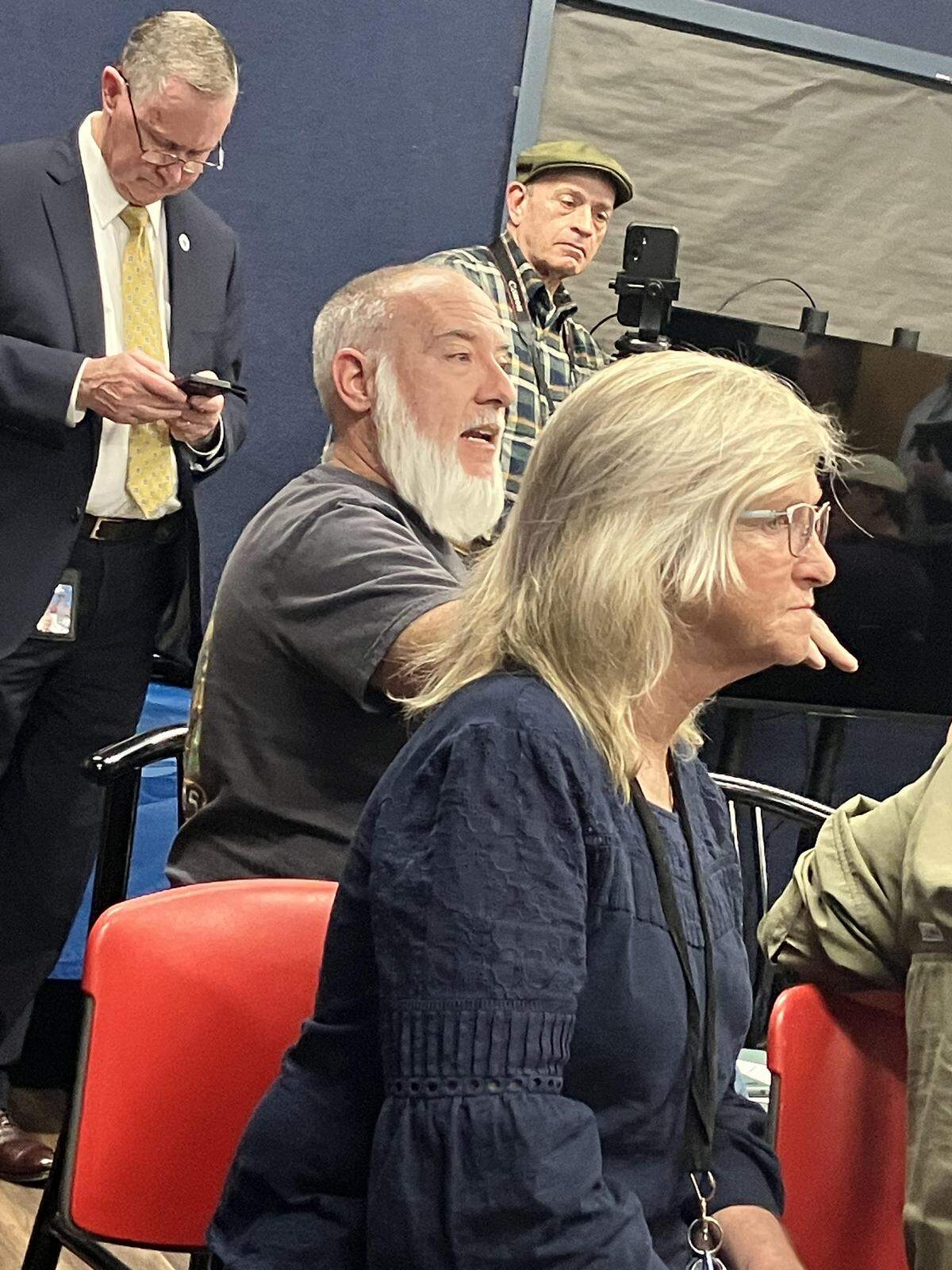 Brad Knight, a Darlington County resident who survived cancer, speaks at meeting about expanded spreading of sludge on farmland in eastern South Carolina. Sludge was first thought to be good for crops, but it has later often been found to contain toxins, such as forever chemicals.