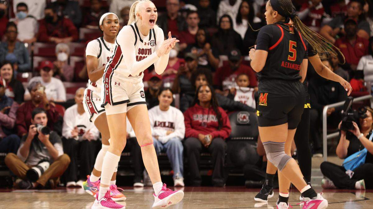 South Carolina forward Chloe Kitts (21) celebrates following a play during the first half of the Gamecocks’ game against the visiting Terrapins at Colonial Life Arena on Sunday, November 12, 2023.