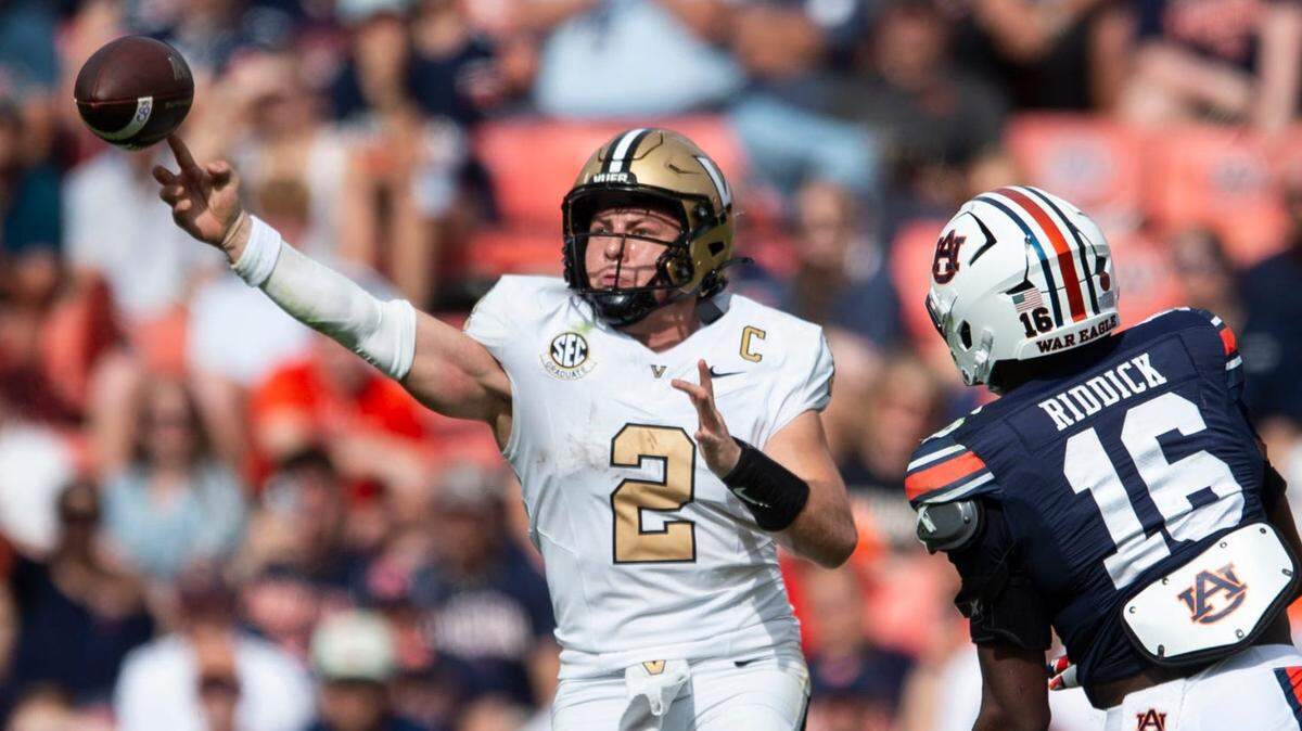 Vanderbilt Commodores quarterback Diego Pavia (2) throws the ball as Auburn Tigers take on Vanderbilt Commodores at Jordan-Hare Stadium in Auburn, Ala., on Saturday, Nov. 2, 2024. Vanderbilt Commodores defeated Auburn Tigers 17-7.