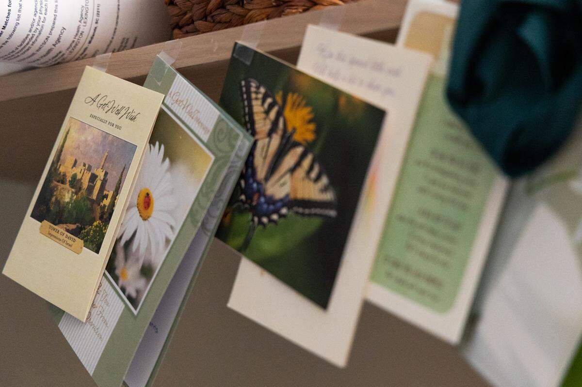 Cards with well wishes for JJ Haselbarth in his hospital room at Prisma Richland Hospital on Wednesday, March 19, 2025. Haselbarth says he’s received support from people all over his Lexington community.