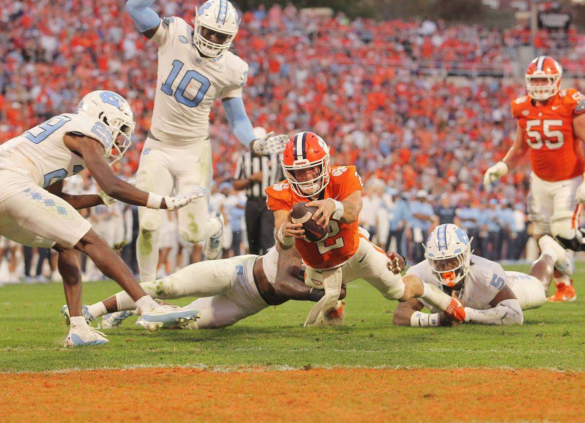 Clemson quarterback Cade Klubnik (2) dives for a touchdown against North Carolina during first-half action in Clemson, S.C. on Saturday, Nov.18, 2023.