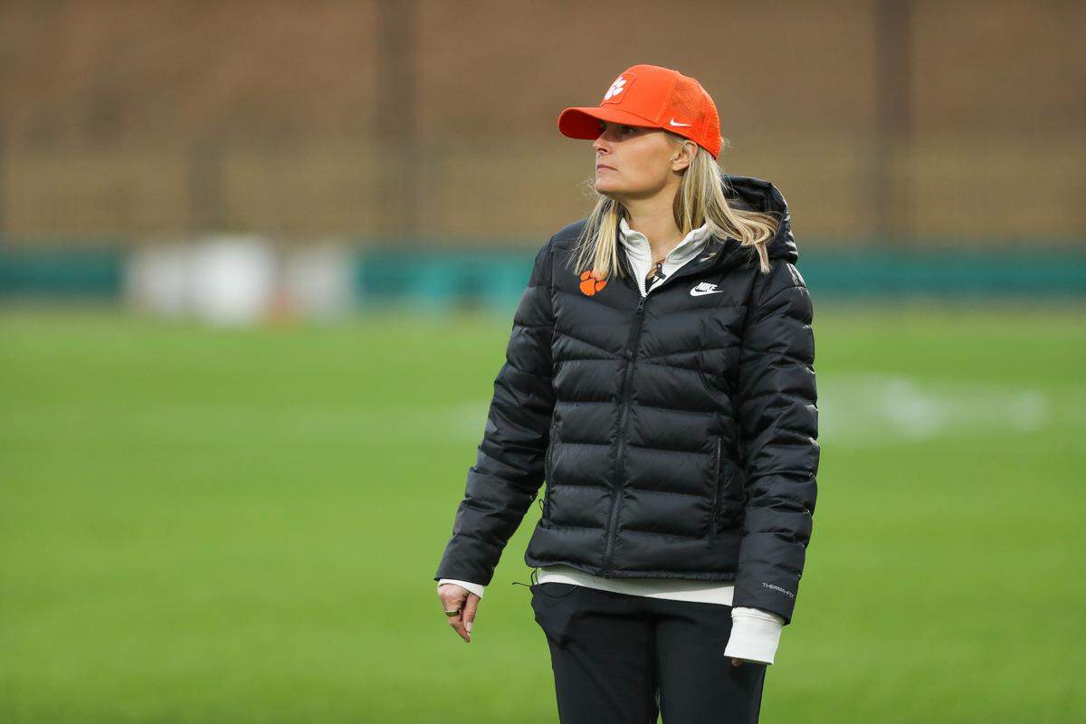 Clemson women’s lacrosse head coach Allison Kwolek looks on during the inaugural game against the Wofford Terriers on Saturday at Historic Riggs field.