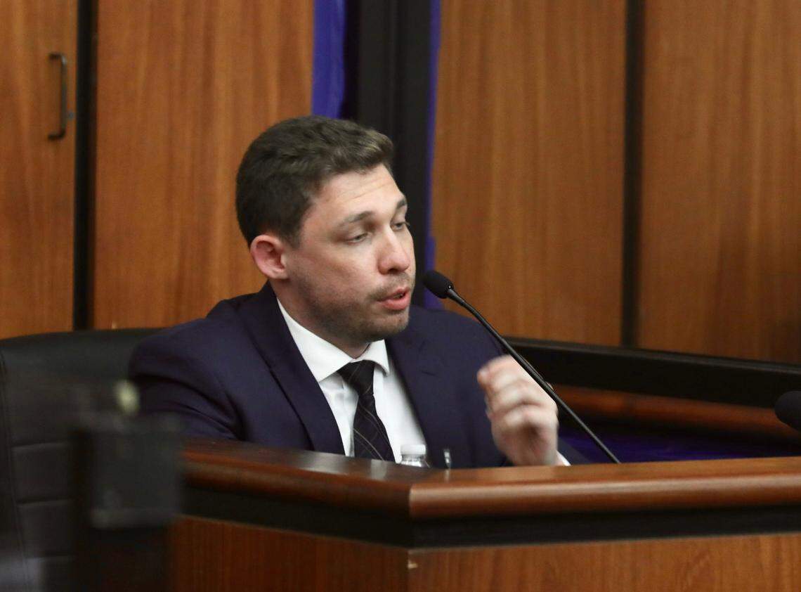 Greg Corbishley, the former boyfriend of slain University of South Carolina student Samantha Josephson, testifies during the trial of Nathaniel Rowland, who is accused of killing her on July 20, 2021