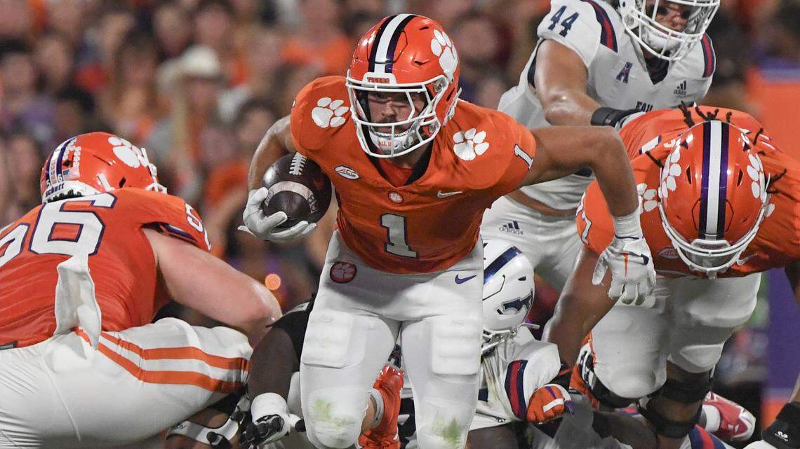 Sep 16, 2023; Clemson, South Carolina; Clemson running back Will Shipley (1) runs near Florida Atlantic linebacker Jarrett Jerrels (44) during the second quarter against Florida Atlantic at Memorial Stadium. Mandatory Credit: Ken Ruinard-USA TODAY NETWORK