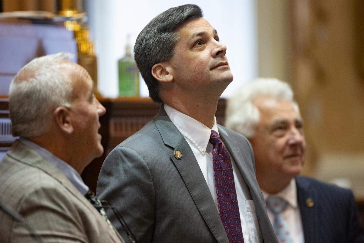 South Carolina Senate Majority Leader Shane Massey, R-Edgefield, looks up to greet visitors during a session on Tuesday, March 11, 2025.