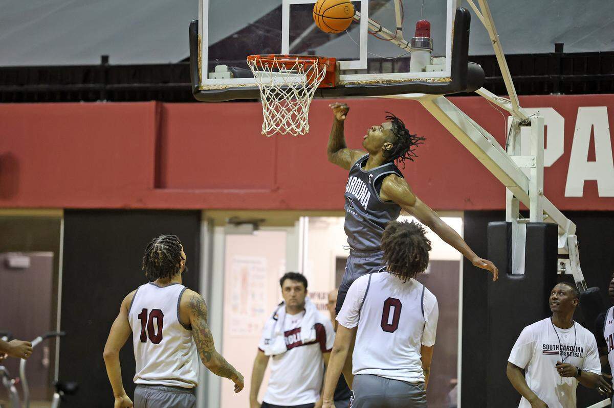 South Carolina’s Nick Pringle during a summer men’s basketball practice on Tuesday, July 30, 2024 inside Carolina Coliseum.