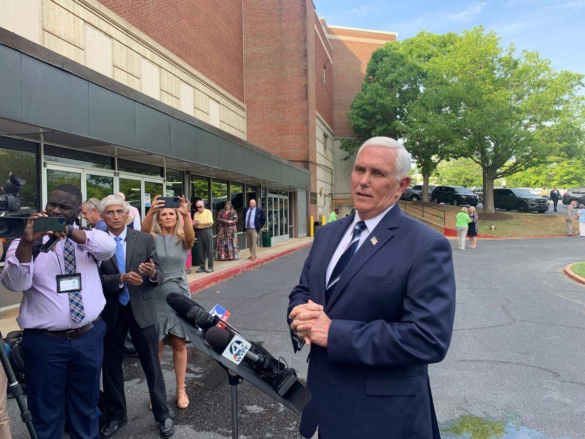 Former Vice President Mike Pence speaks to reporters before the Carolina Pregnancy Center’s annual gala in Spartanburg, South Carolina on May 5, 2022.