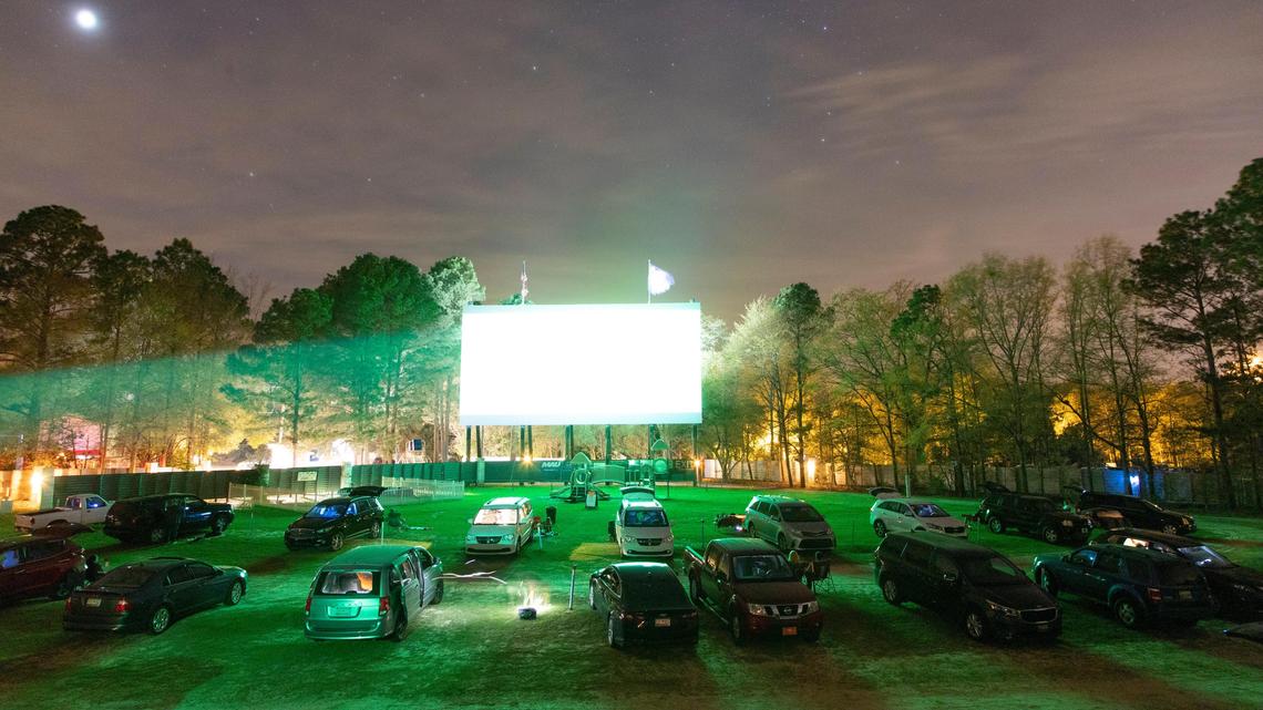 A movie is projected on the main screen at the Monetta Drive-In, nicknamed “The Big Mo.”