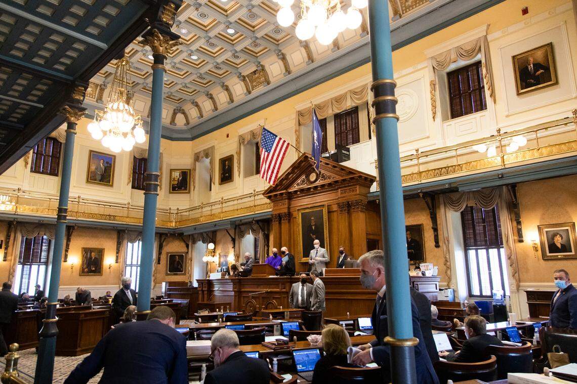 Lawmakers on their first day back of the new session in the Senate chambers of the South Carolina State House on January 11, 2022.