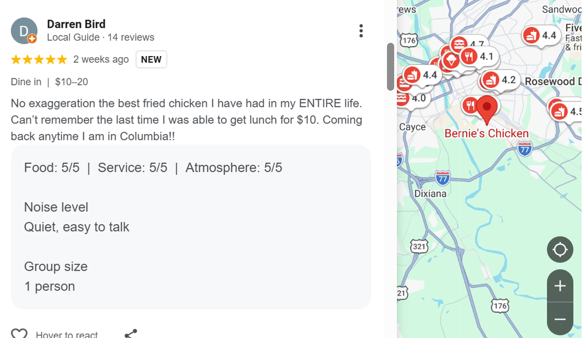 Google Maps review for Bernie’s Chicken on 1311 Bluff Rd