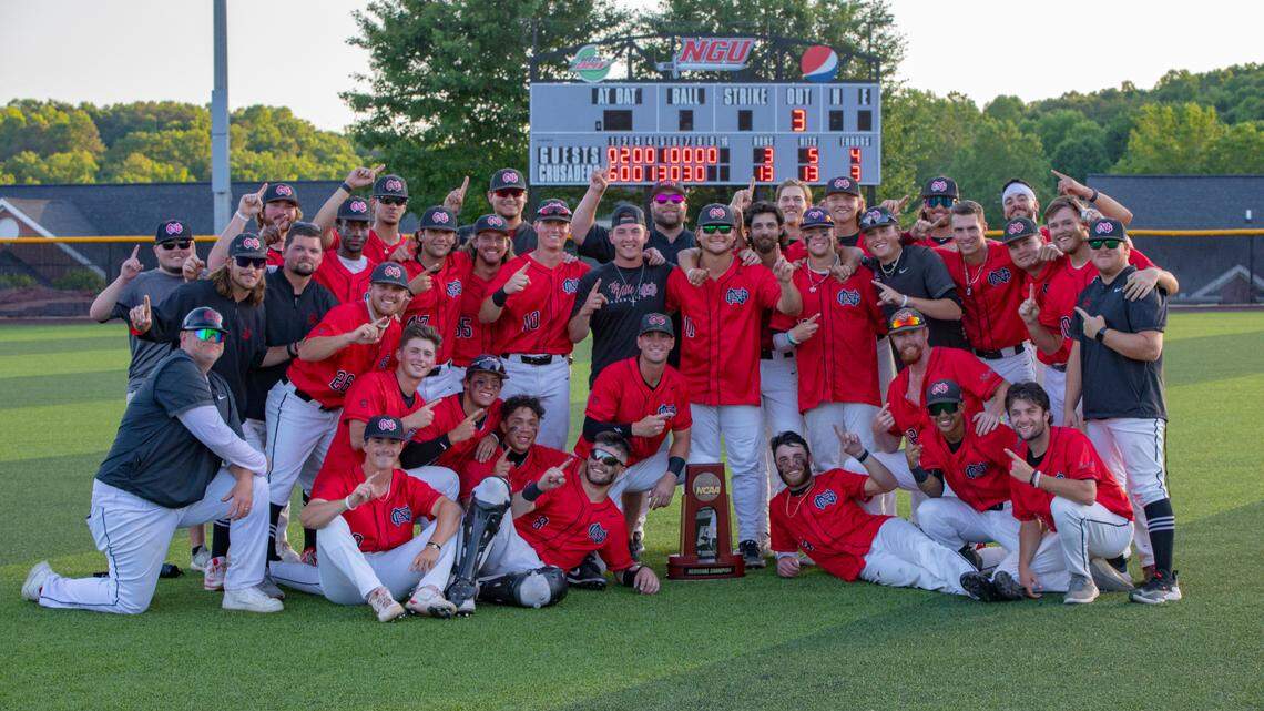 The North Greenville baseball team poses after its 13-3 win over Columbus State on May 28. The victory sent the Crusaders to the 2022 Divison II baseball championship.