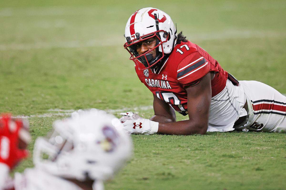 South Carolina Gamecocks wide receiver Xavier Legette (17) is on the ground after South Carolina State Bulldogs defensive back Duane Nichols (10) gains control of the ball at Williams-Brice Stadium on Thursday, September 29, 2022.