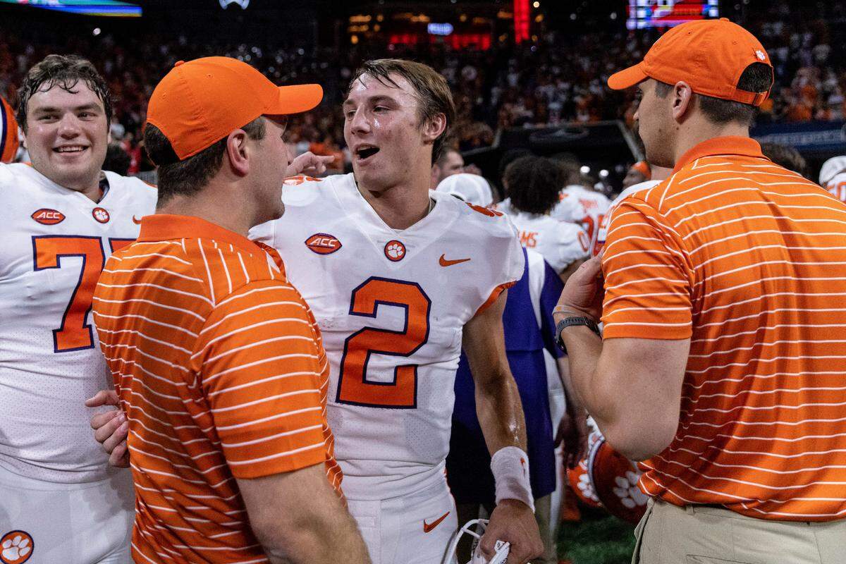 Clemson Tigers quarterback Cade Klubnik (2) celebrates postgame at the Chick-fil-A Kickoff Game, Monday, Sept. 5, 2022, in Atlanta. (Vasha Hunt via Abell Images for the Chick-fil-A Kickoff Game)