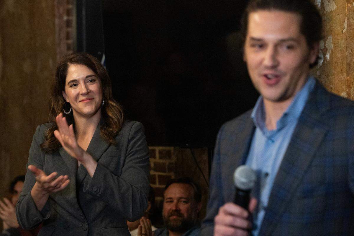 South Carolina district 75 representative Heather Bauer speaks to supporters and claims victory in her reelection bid in Columbia, South Carolina on Tuesday, November 5, 2024.