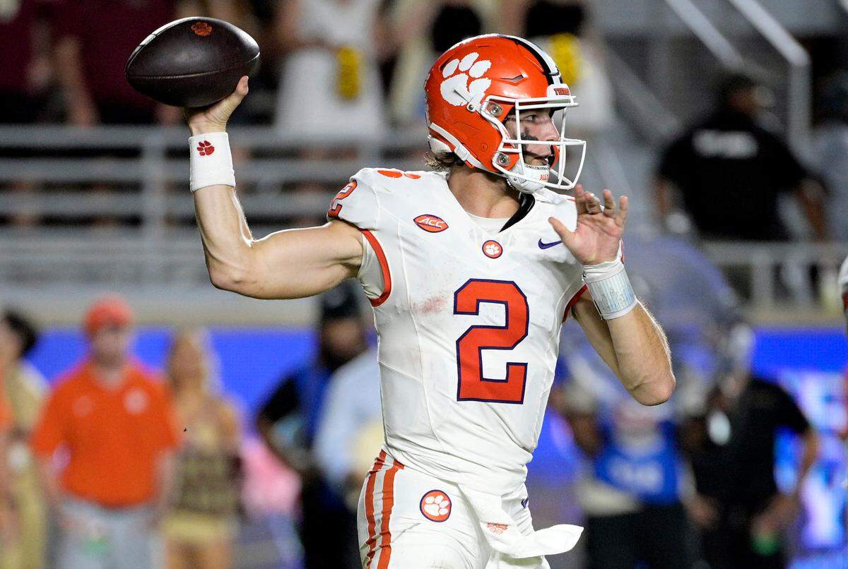 Oct 5, 2024; Tallahassee, Florida, USA; Clemson Tigers quarterback Cade Klubnik (2) throws the ball against the Florida State Seminoles during the second half at Doak S. Campbell Stadium.