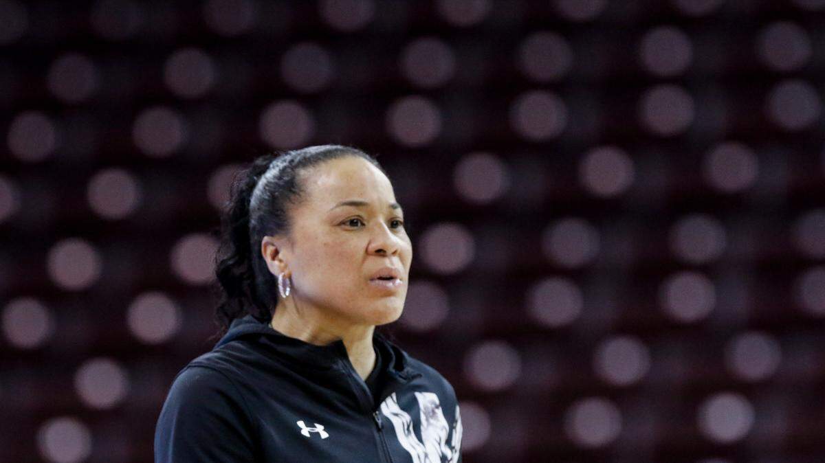 USC coach Dawn Staley watches her team practice at the Colonial Life Arena. South Carolina will go for its first win in seven tries against Connecticut in the Elite Eight on Monday.