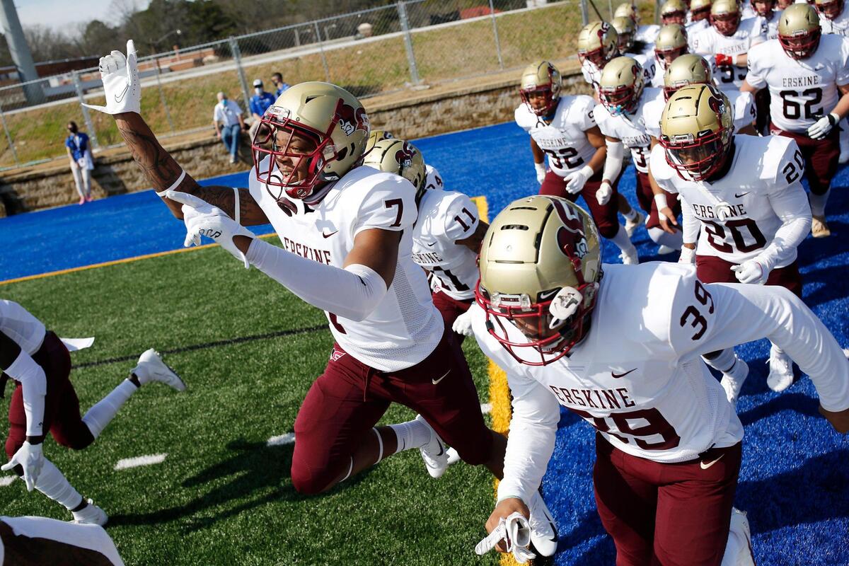 The Erskine Flying Fleet takes the field for the game against Barton at Barton College’s Truist Stadium in Wilson, North Carolina.
