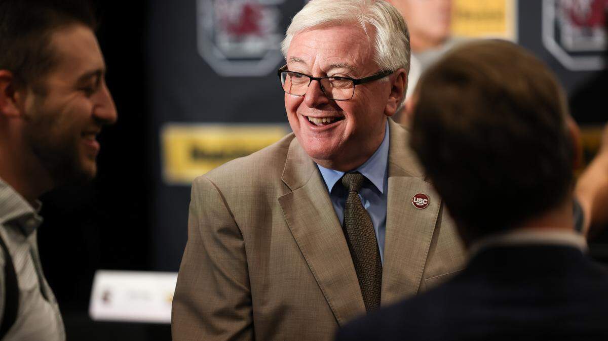 South Carolina president Michael Amiridis is seen during a press conference announcing a partnership with Blanchard CAT at Williams-Brice Stadium in Columbia on Monday, August 11, 2025.