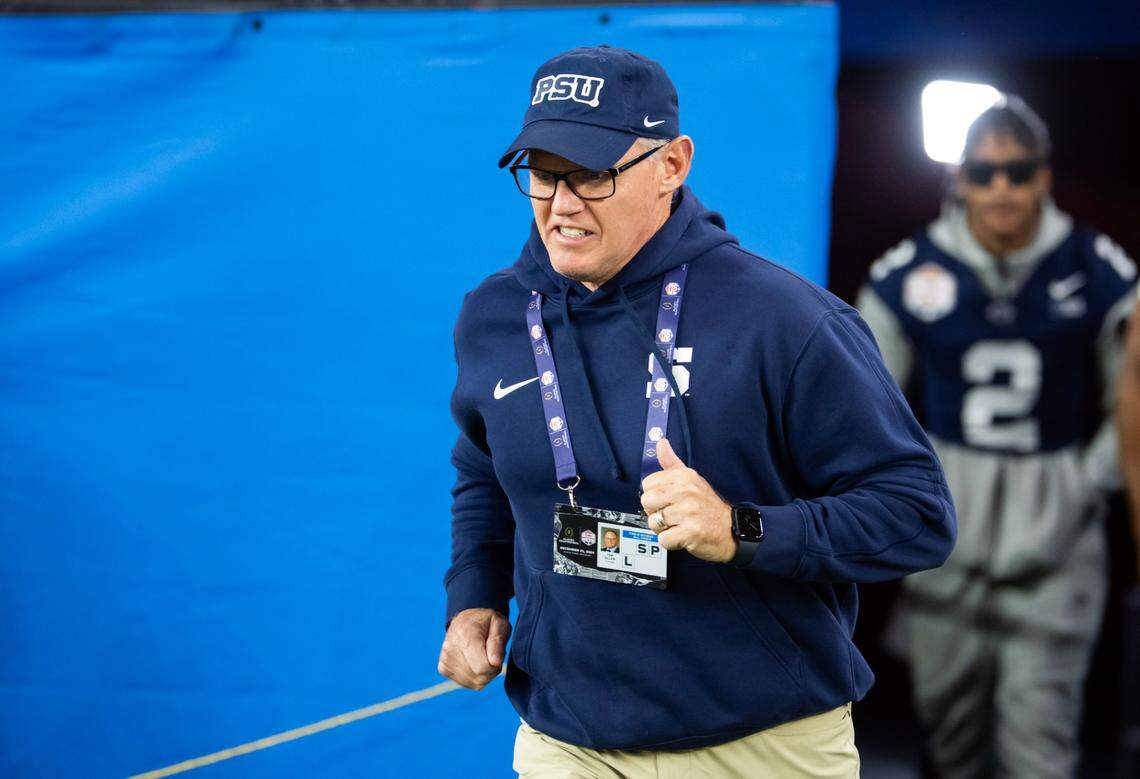 Dec 31, 2024; Glendale, AZ, USA; Penn State Nittany Lions defensive coordinator Tom Allen against the Boise State Broncos during the Fiesta Bowl at State Farm Stadium. Mandatory Credit: Mark J. Rebilas-Imagn Images