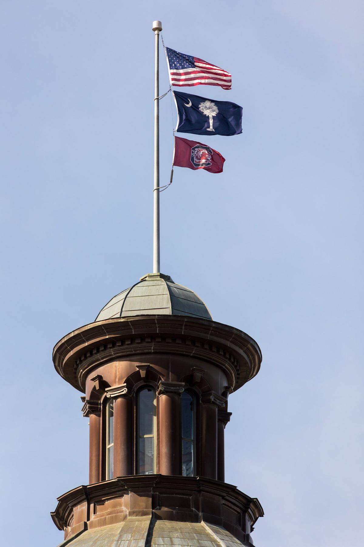 The University of South Carolina Gamecocks flag flies atop the State House in Columbia, SC, April 4, 2022, in celebration of the womens basketball team winning the 2022 NCAA National Championship.