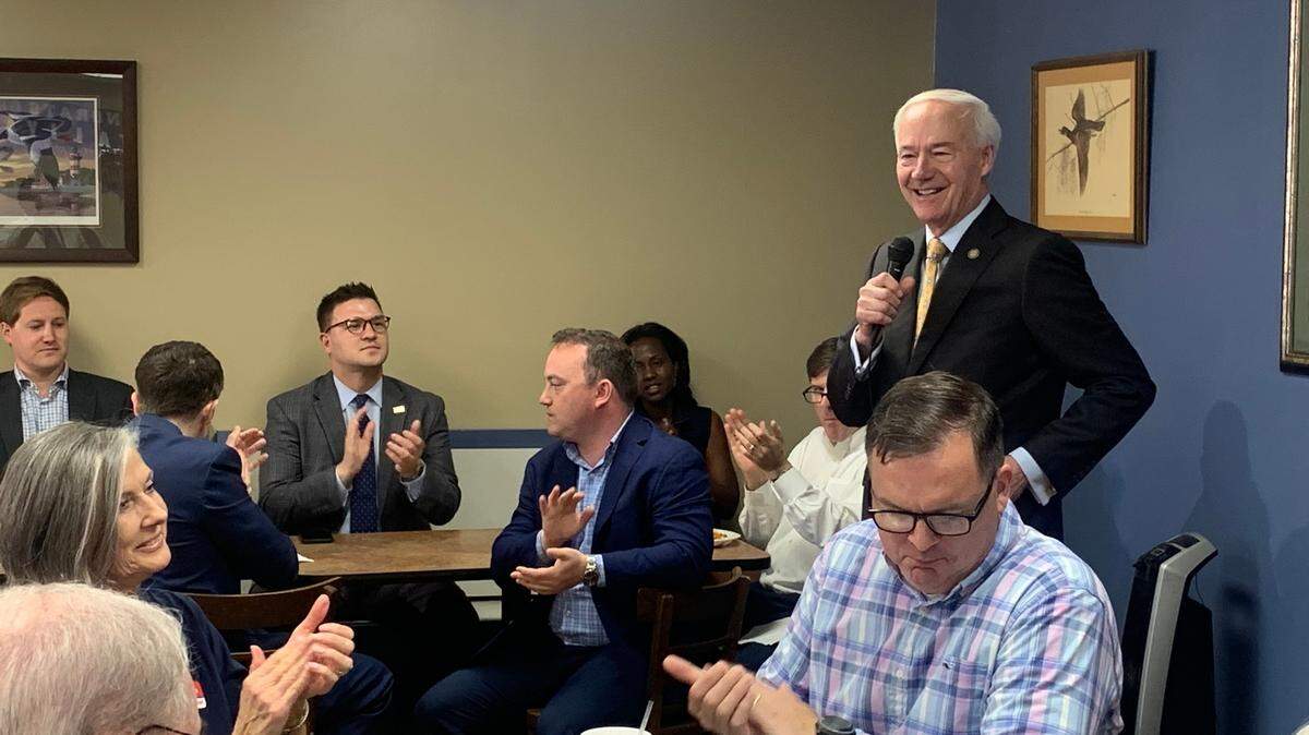 Former Arkansas Gov. Asa Hutchinson speaks at a Richland County Republican Party gathering at Doc’s Barbecue in Columbia, S.C. on Tuesday, May 23, 2023. He is running for the Republican nomination for president in the 2024 election.
