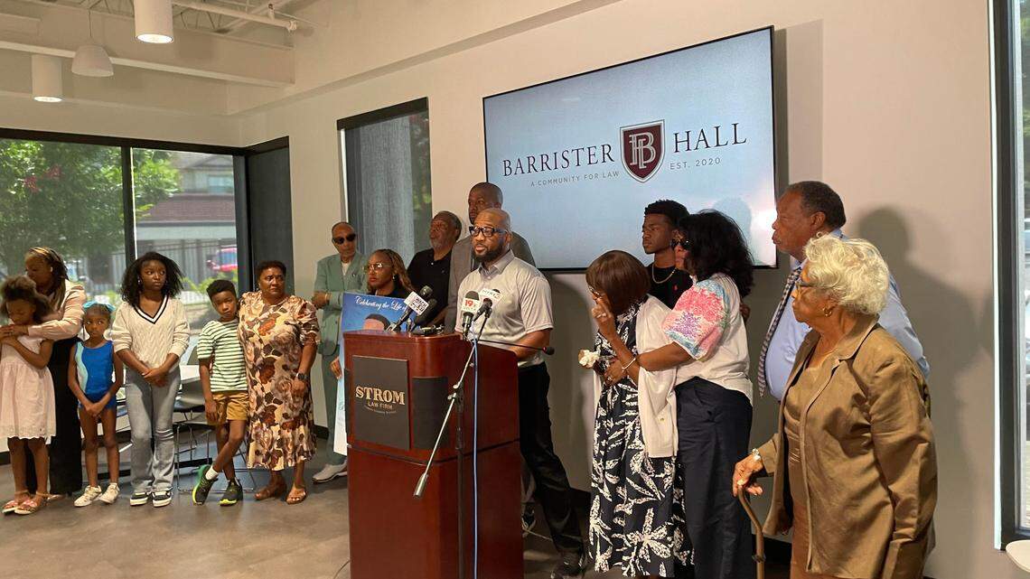Damon Jackson talks about his deceased brother Byron Jackson at a news conference with lawyer Bakari Sellers on July 15 in which Sellers and the family were requesting more information about the man’s in-custody death from the Irmo Police Department.