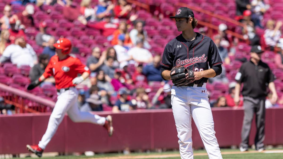 Pitcher Aidan Hunter looks on as Chaney Rogers of Georgia rounds the bases after hitting a 3-run home run during the Gamecocks’ game against the visiting Bulldogs at Founders Park on Sunday, April 10, 2022.