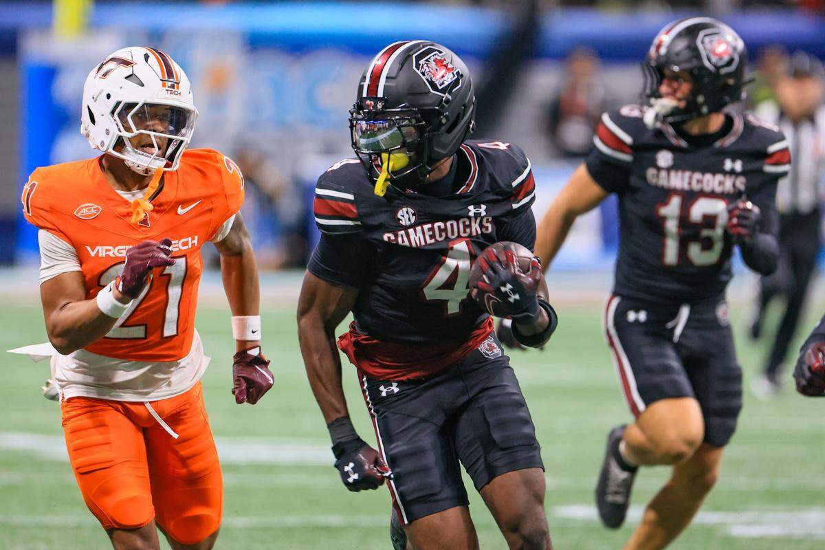 South Carolina defensive back Vicari Swain (4) gains yards against Virginia Tech in the 2025 Aflac Kickoff Game at the Mercedes-Benz Stadium in Atlanta, Georgia on Sunday, August 31, 2025.