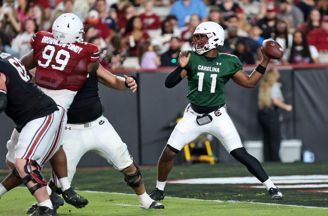 South Carolina’s Air Noland in the 2025 spring football game at Williams-Brice Stadium.